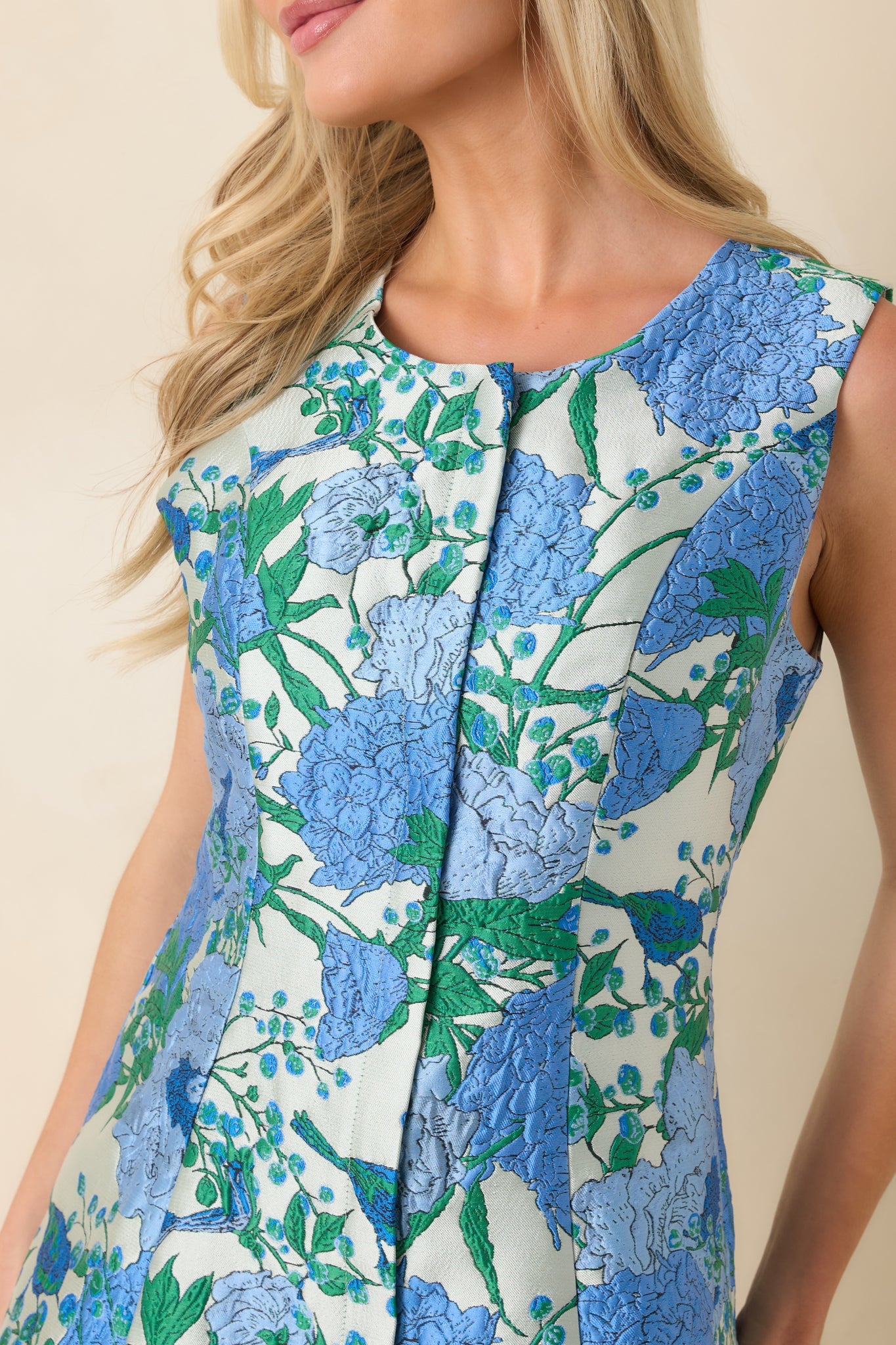 She Means Blooming Business Blue Floral Jacquard Sleeveless Top