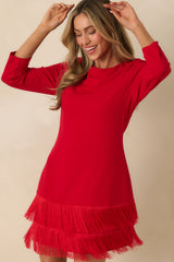 Coming In Hot Red 3/4 Sleeve Fringe Mini Dress