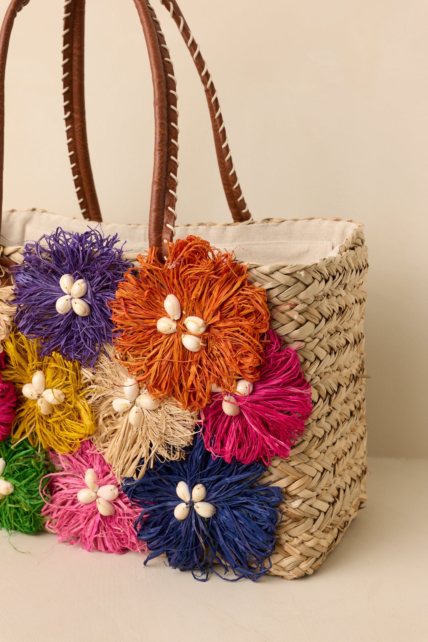 Fiesta Flora Natural Multi Floral Raffia Straw Tote
