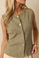 Matter Of Fact Light Olive Green Button Up Knit Sweater Vest