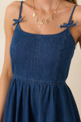 Tied at Twilight Dark Wash Bow Strap Detail Cotton Midi Dress