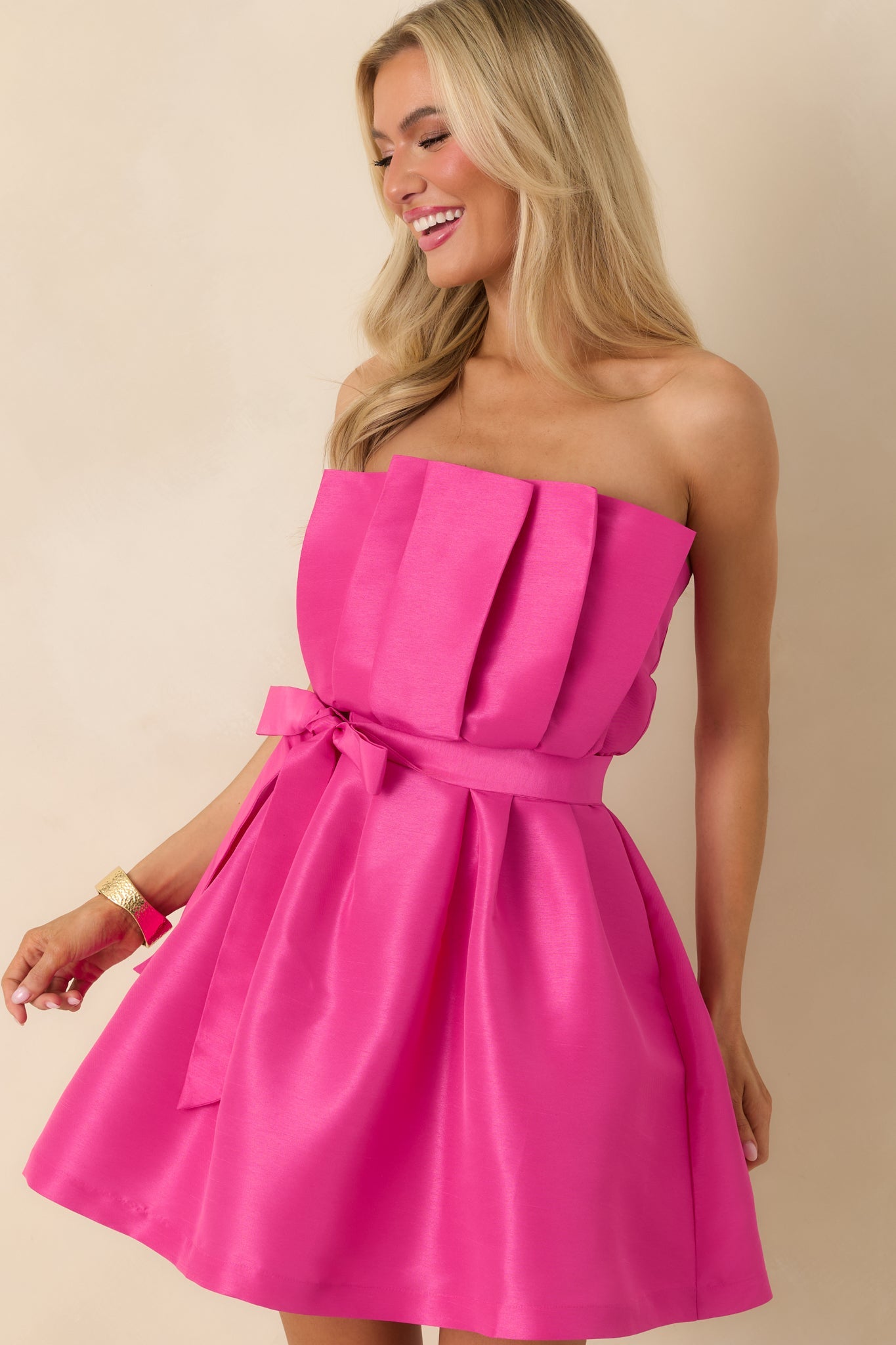Caught My Eye Fuchsia Pleated Strapless Mini Dress