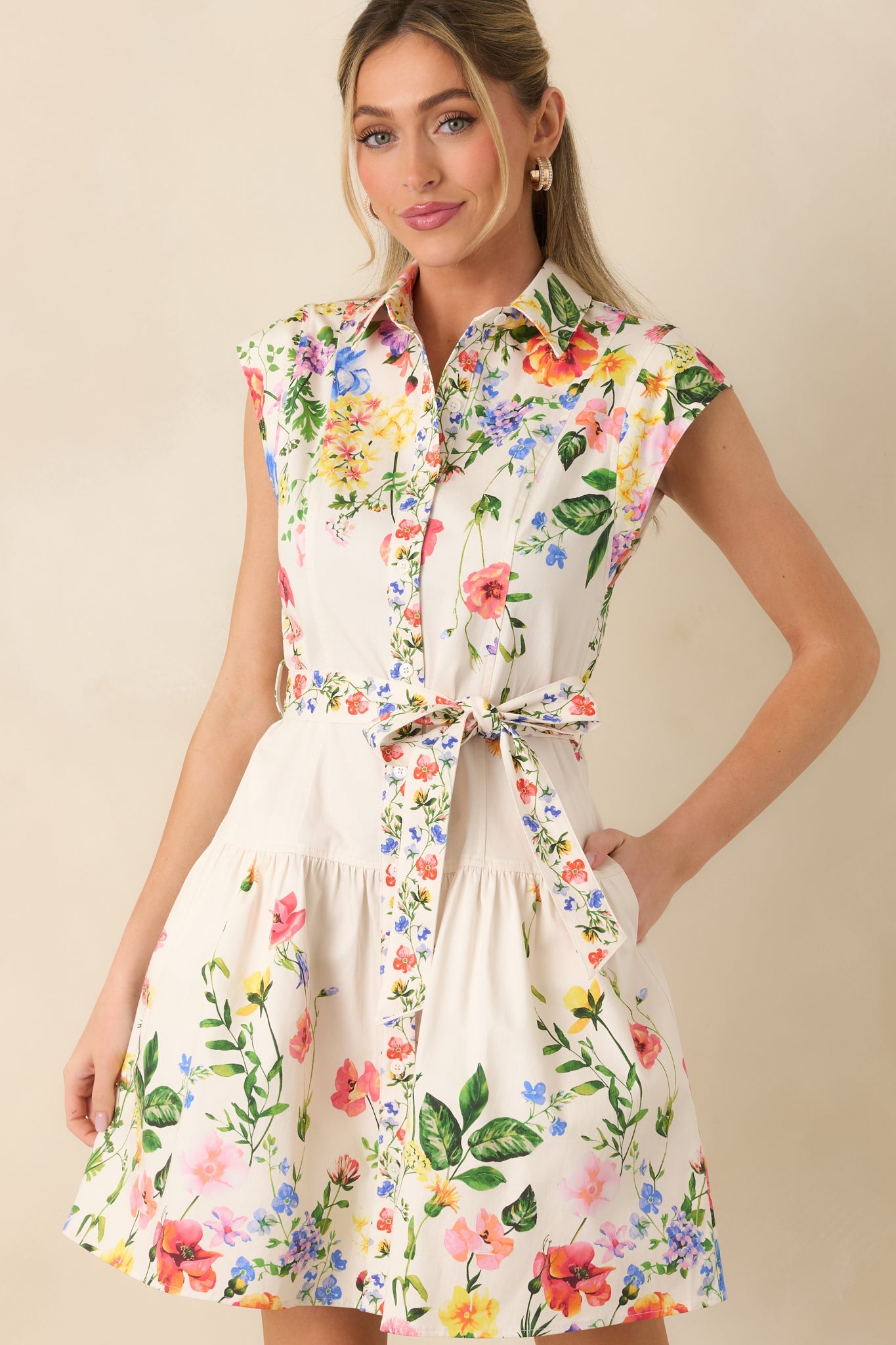 What Lies Ahead White Multi Cotton Floral Tie Belt Mini Dress