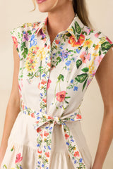 What Lies Ahead White Multi Cotton Floral Tie Belt Mini Dress