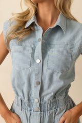 The Better Way Light Wash Pinstripe Cotton Denim Mini Dress