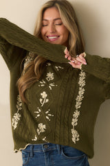 Guess Again Olive Cable Knit Floral Embroidered Scallop Hem Sweater