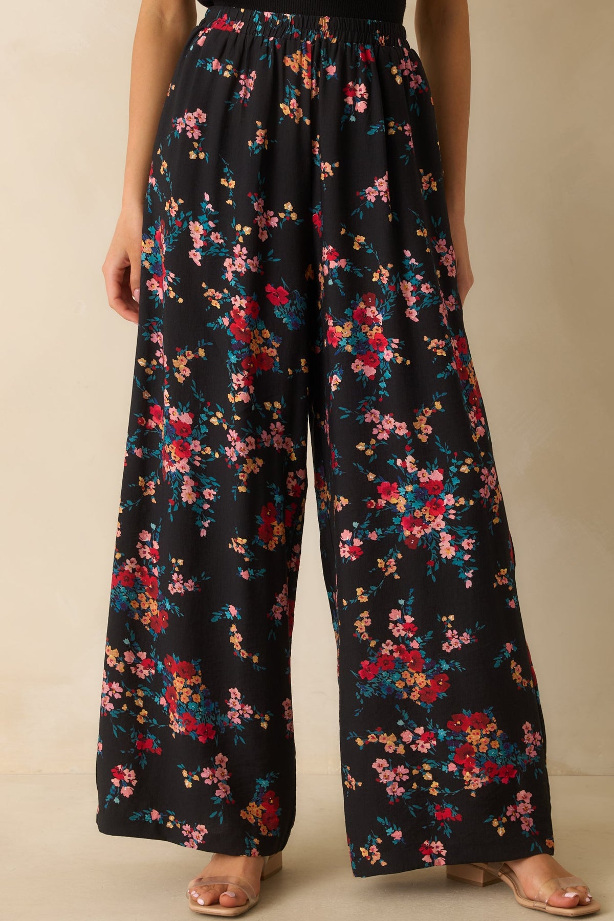 Wander and Bloom Black Multi Floral Print Wide Leg Pants