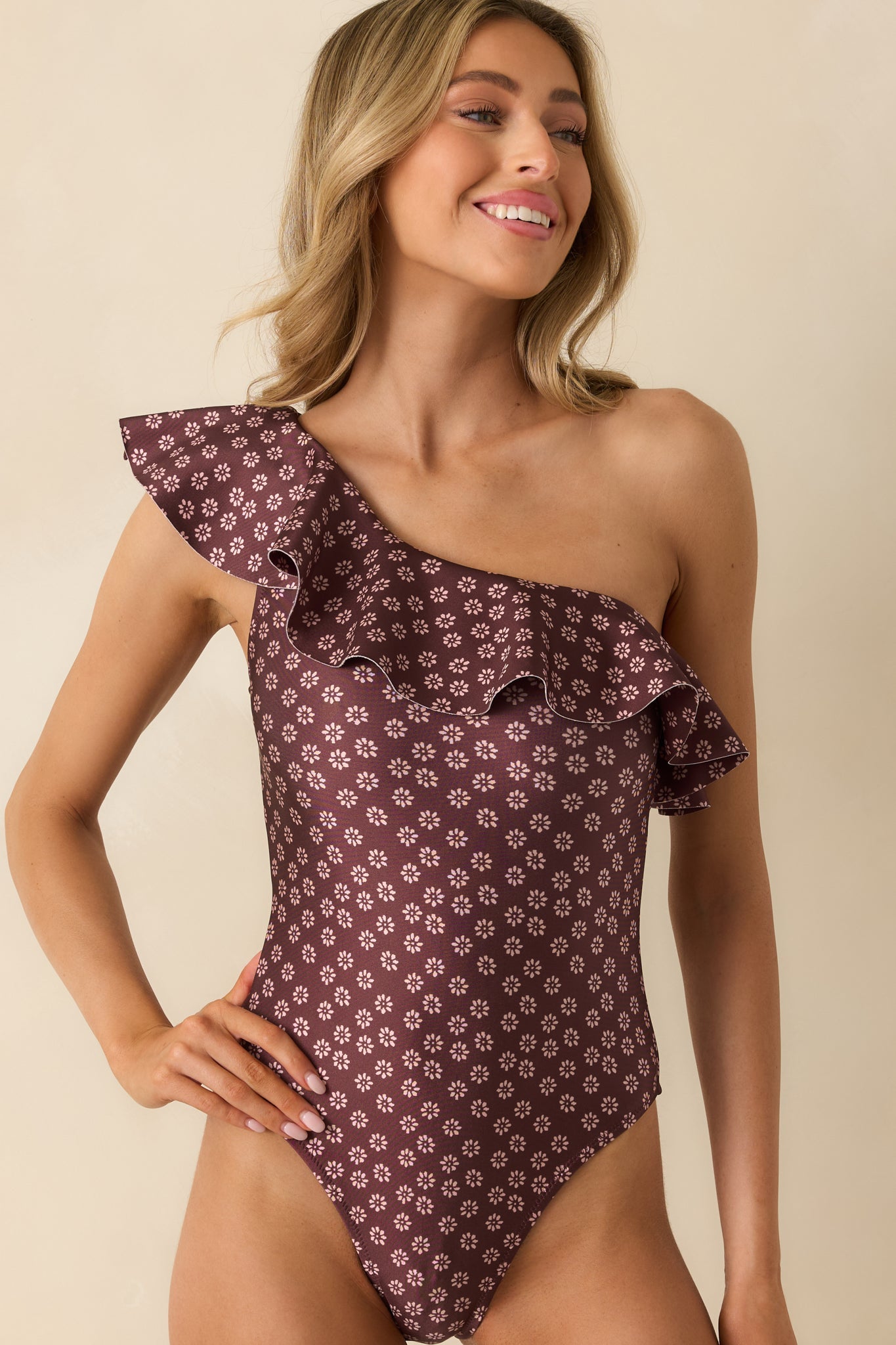 MINKPINK Sierra Burgundy Floral Ruffle One Shoulder Swimsuit
