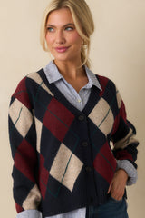 Never Beyond Reach Navy Argyle Button Up Cardigan