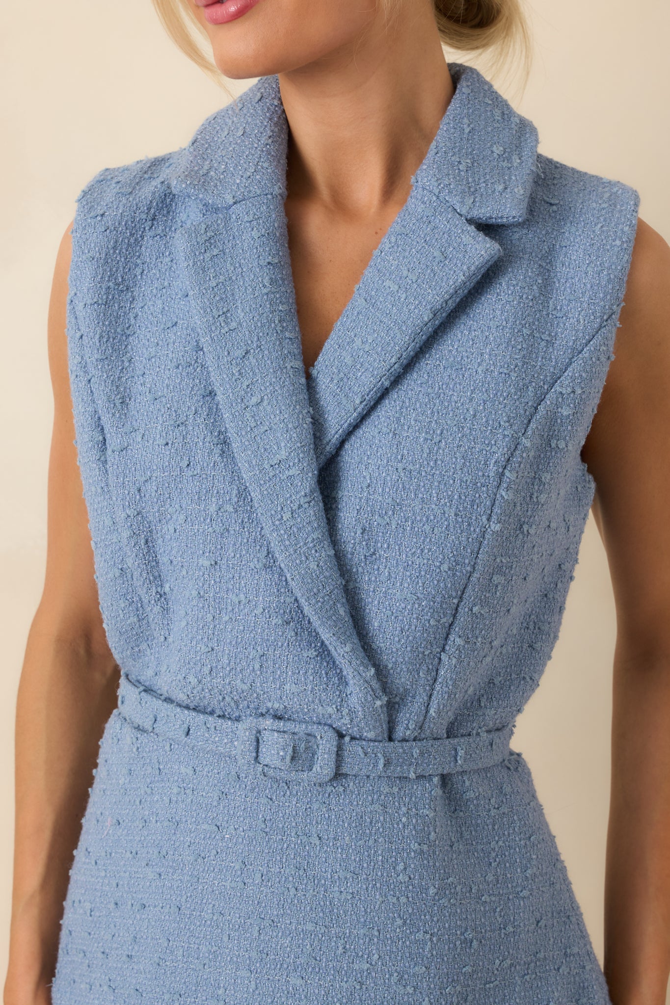 Caught You Smiling Cornflower Blue Textured Woven Belted Lace Midi Dress