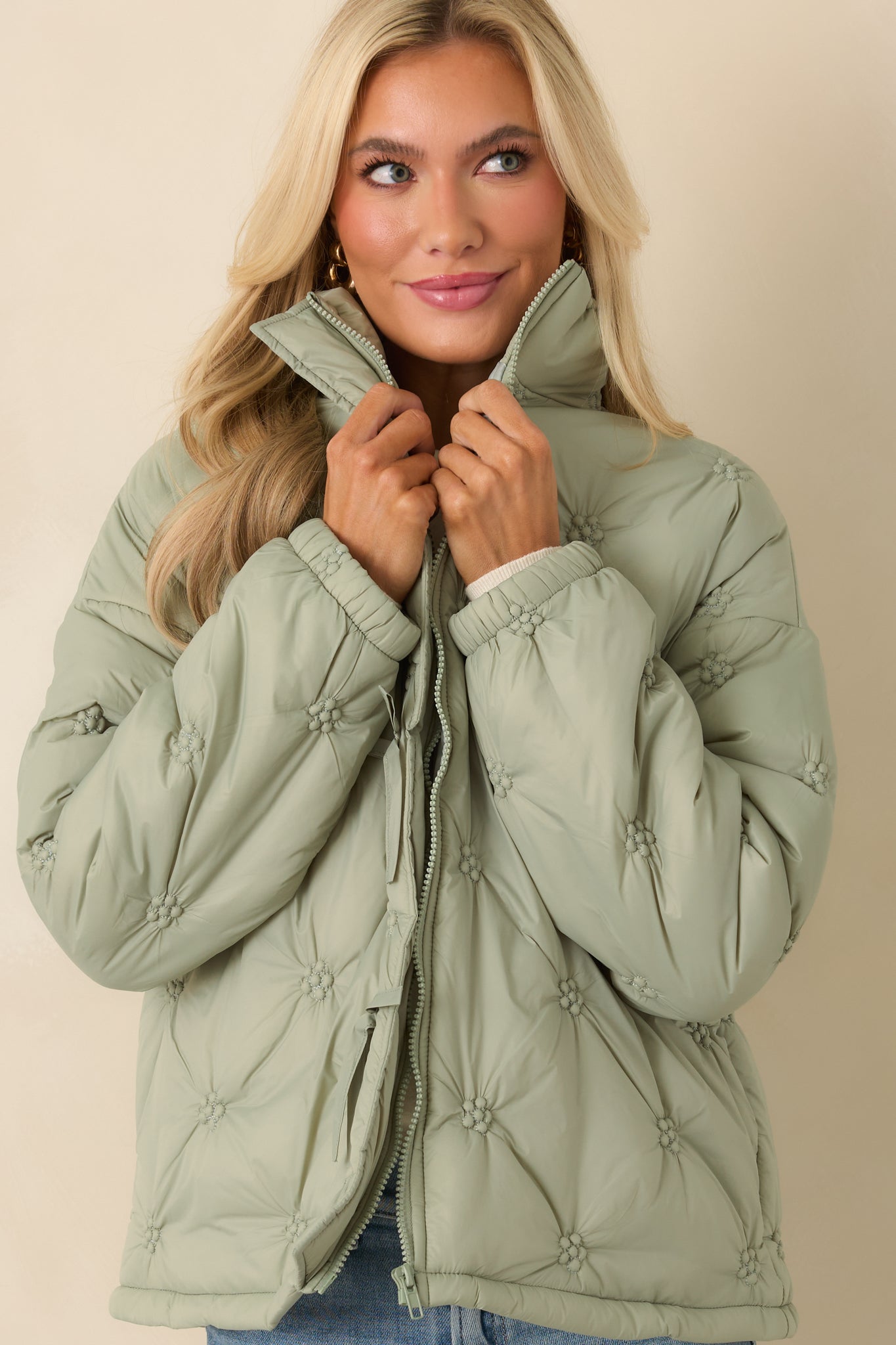 Wrapped Up In You Sage Green Quilted Puffer Jacket