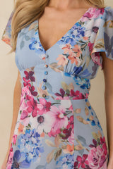 Fate Finds a Way Blue Multi Floral V-Neck Flutter Sleeve Maxi Dress