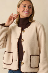 One More Thing Ivory Sherpa Fleece Contrast Trim Button Front Jacket
