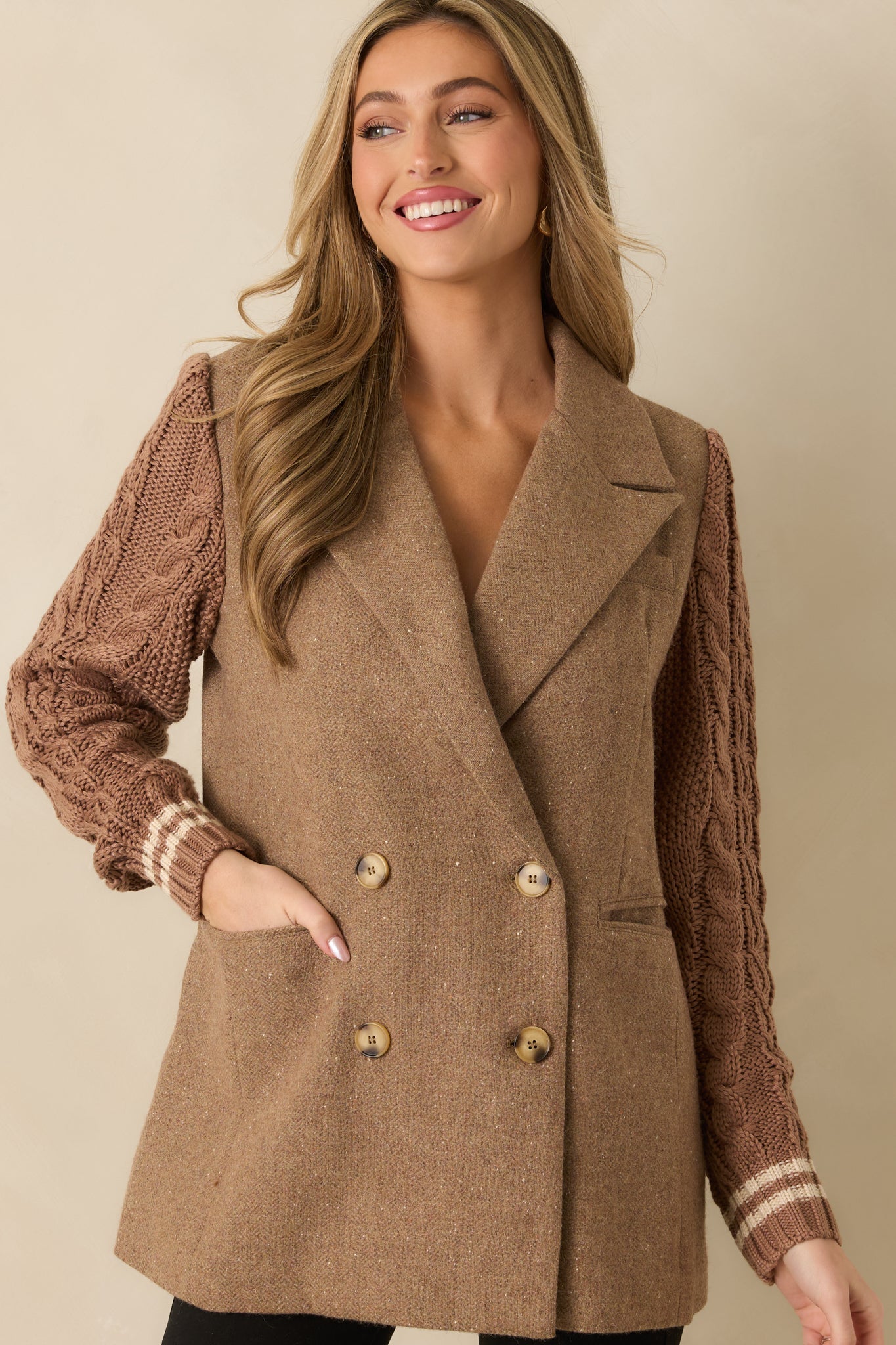Well Suited Camel Wool Blend Knit Sweater Sleeve Blazer