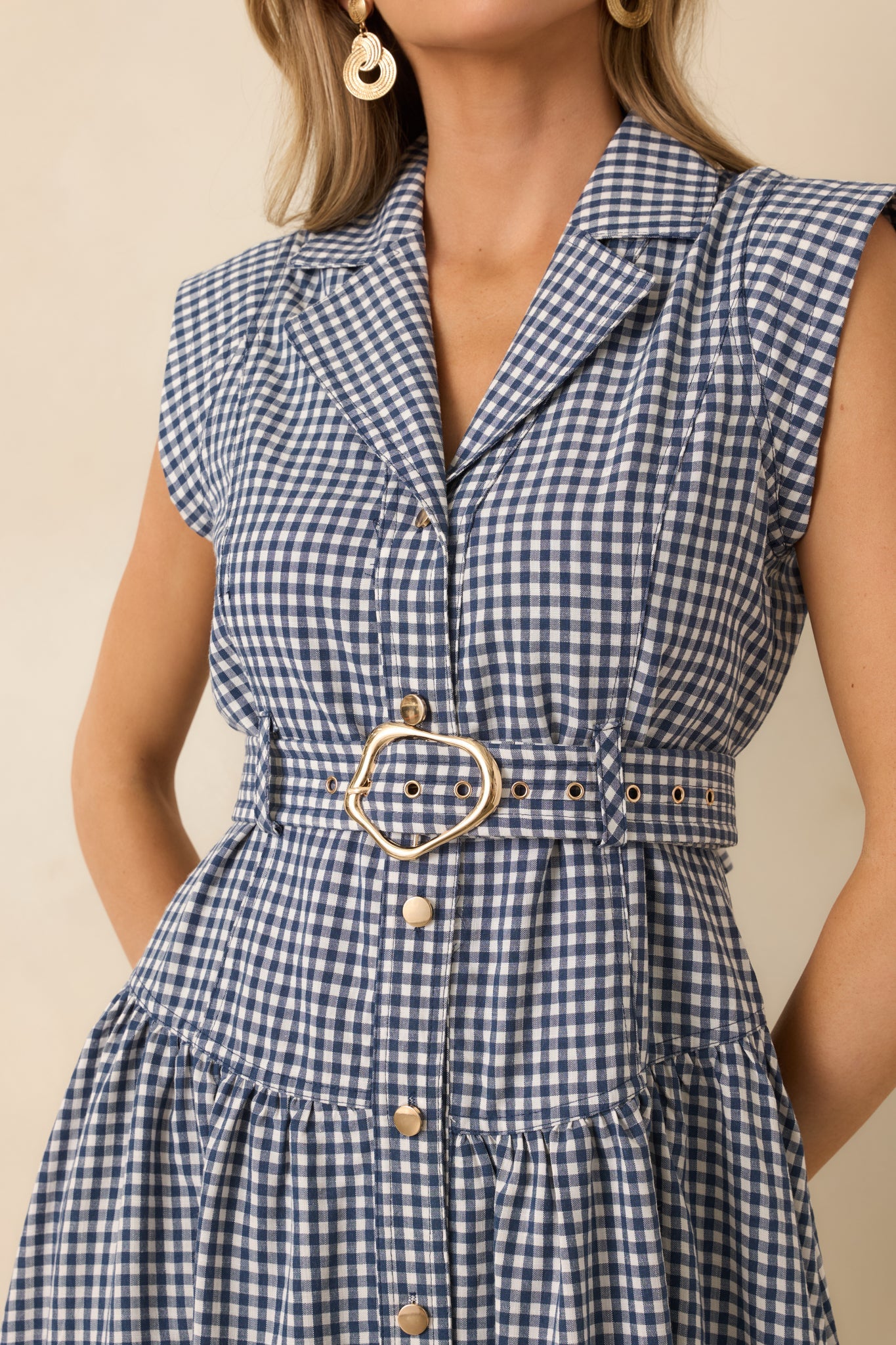 Checked and Considered Navy Gingham Belted Sleeveless Button Up Midi Dress