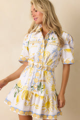 Paradisa Viscaya White Multi Linen Blend Tropical Print Belted Mini Dress