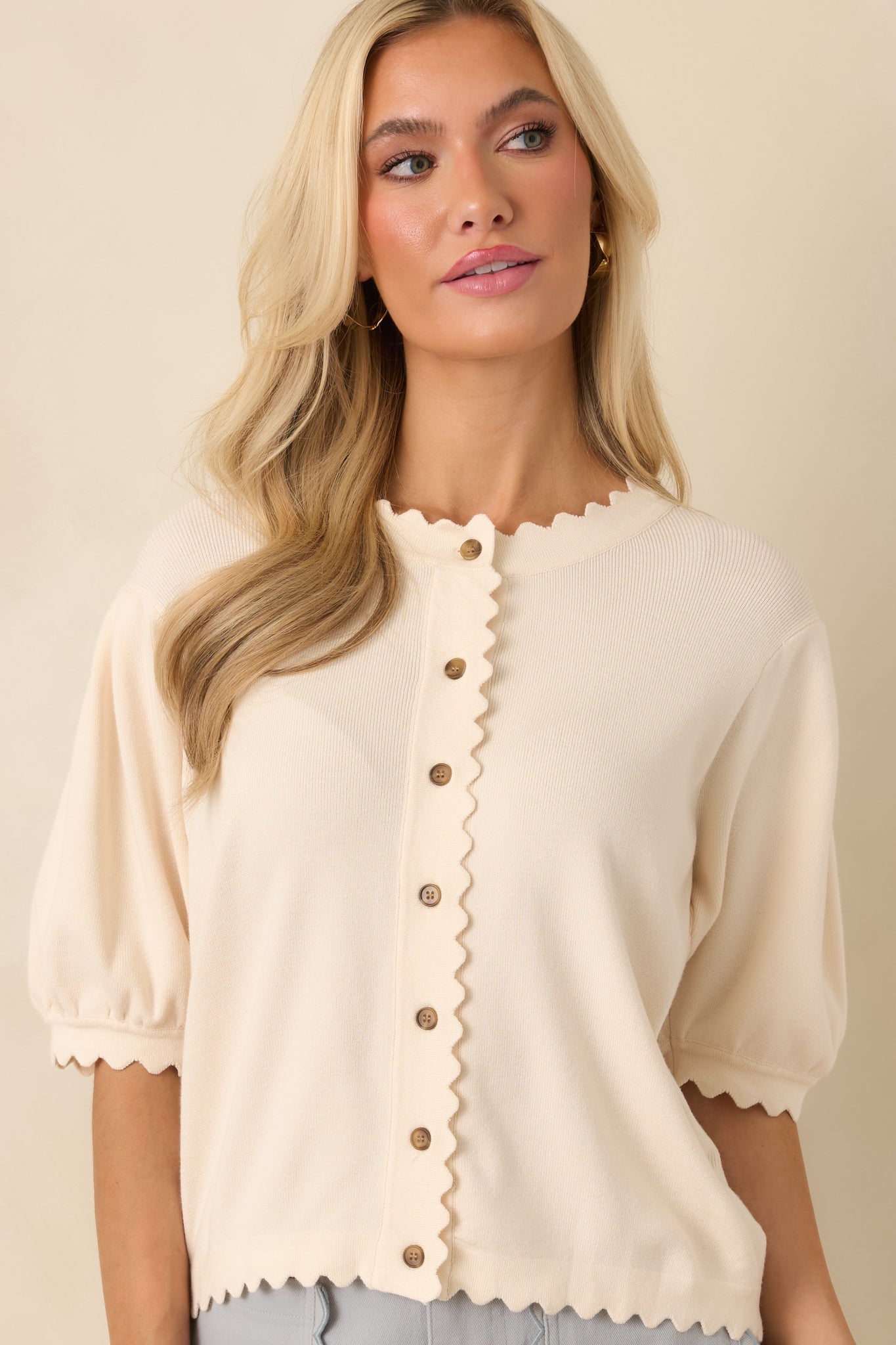 Simply So Cute Ivory Knit Scalloped Edge Puff Sleeve Button Up Cardigan