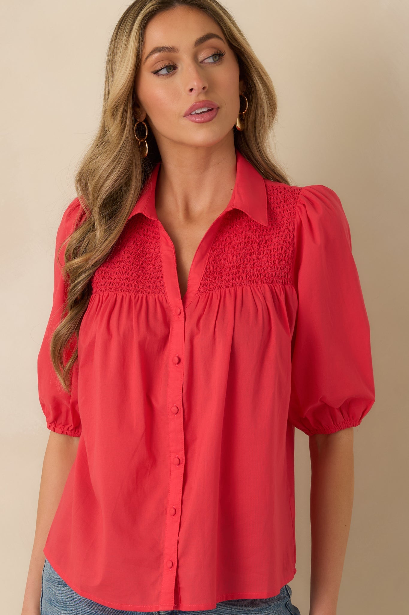 Precious As You Watermelon Red Cotton Puff Sleeve Smocked Button Up Blouse