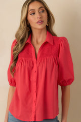 Precious As You Watermelon Red Cotton Puff Sleeve Smocked Button Up Blouse