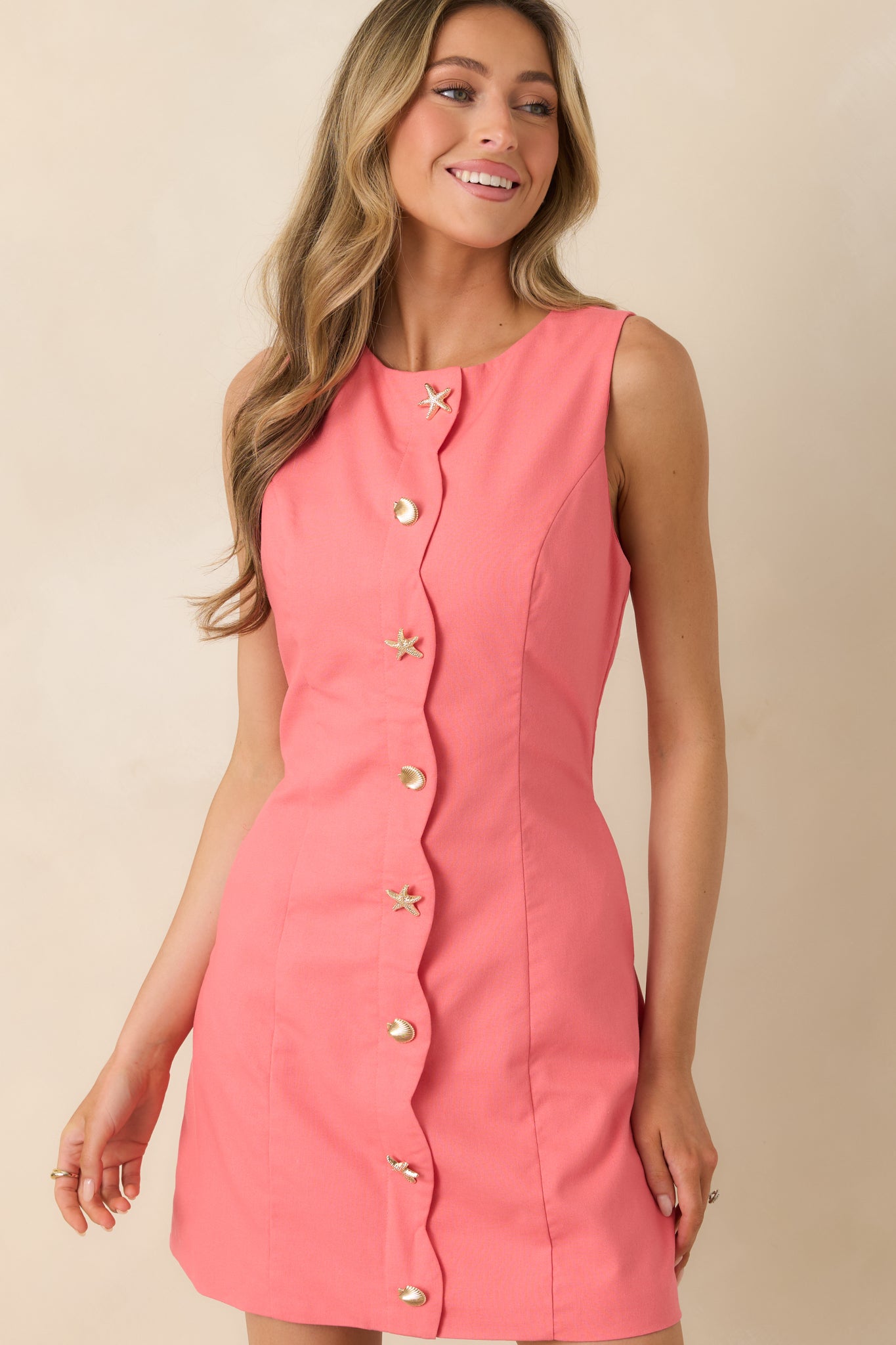 Coastal Crush Coral Pink Scallop Trim Sleeveless Mini Dress
