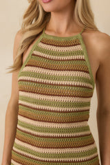 Earth Angel Green & Brown Stripe Crochet Halter Maxi Dress