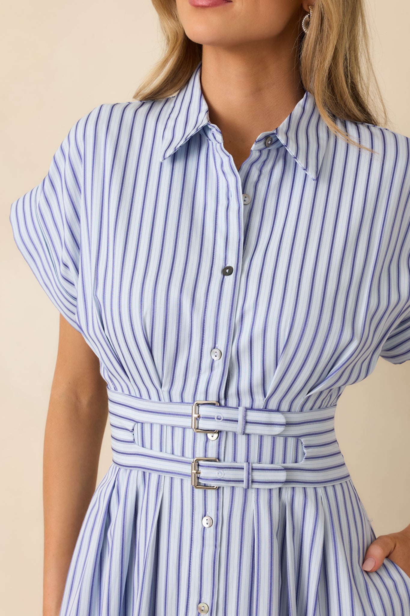 What's to Come Blue Stripe Belted Button Front Midi Dress