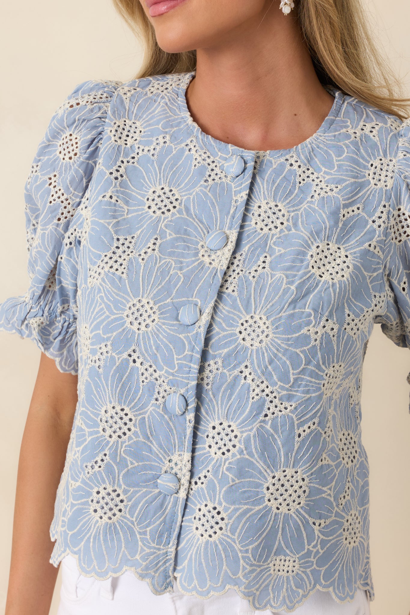 Look At You Blue Cotton Floral Embroidered Button Front Top