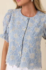 Look At You Blue Cotton Floral Embroidered Button Front Top