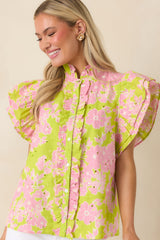 Make It Known Chartreuse & Pink Floral Cotton Eyelet Top
