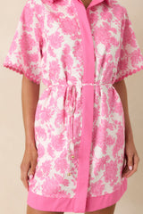 Pretty Impressive Pink & Ivory Floral Cotton Linen Mini Shirt Dress