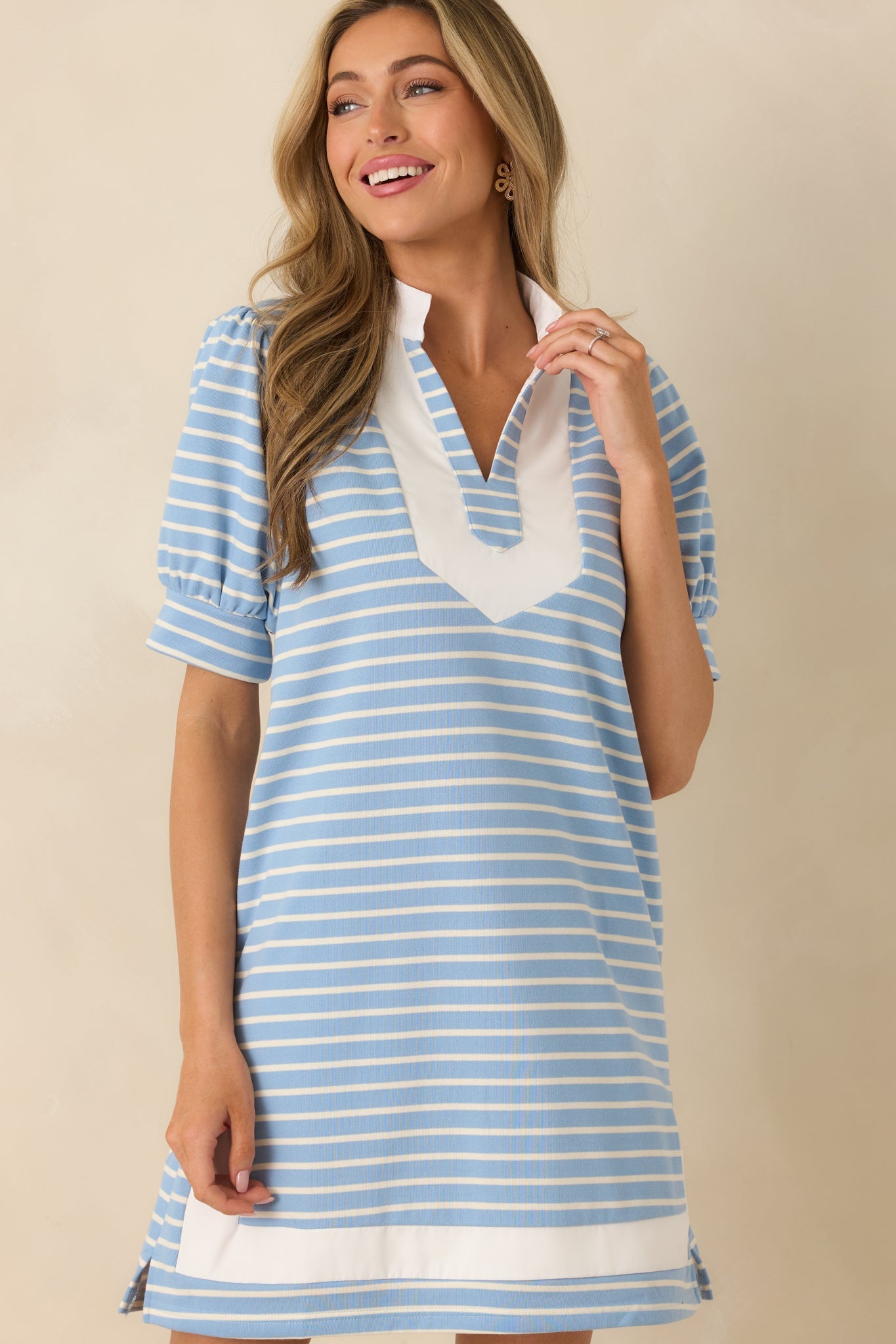 Easy Days Only Light Blue Stripe Puff Sleeve V-Neck Mini Dress