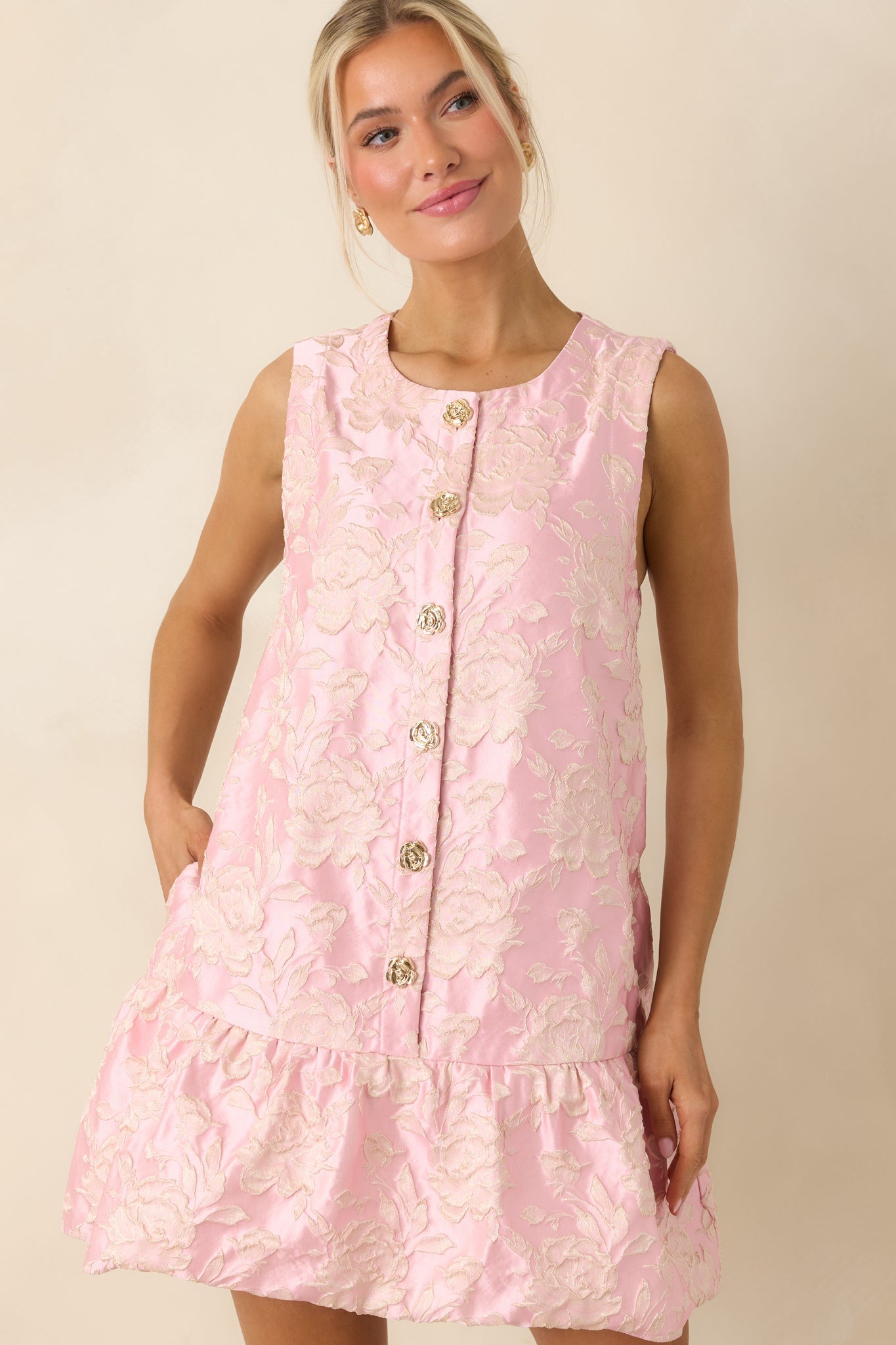 Something About Her Pink Metallic Floral Jacquard Button Front Mini Dress