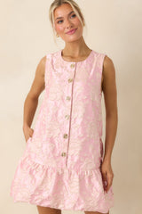 Something About Her Pink Metallic Floral Jacquard Button Front Mini Dress