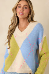 Can't Go Wrong Green & Blue Knit Argyle V-Neck Sweater
