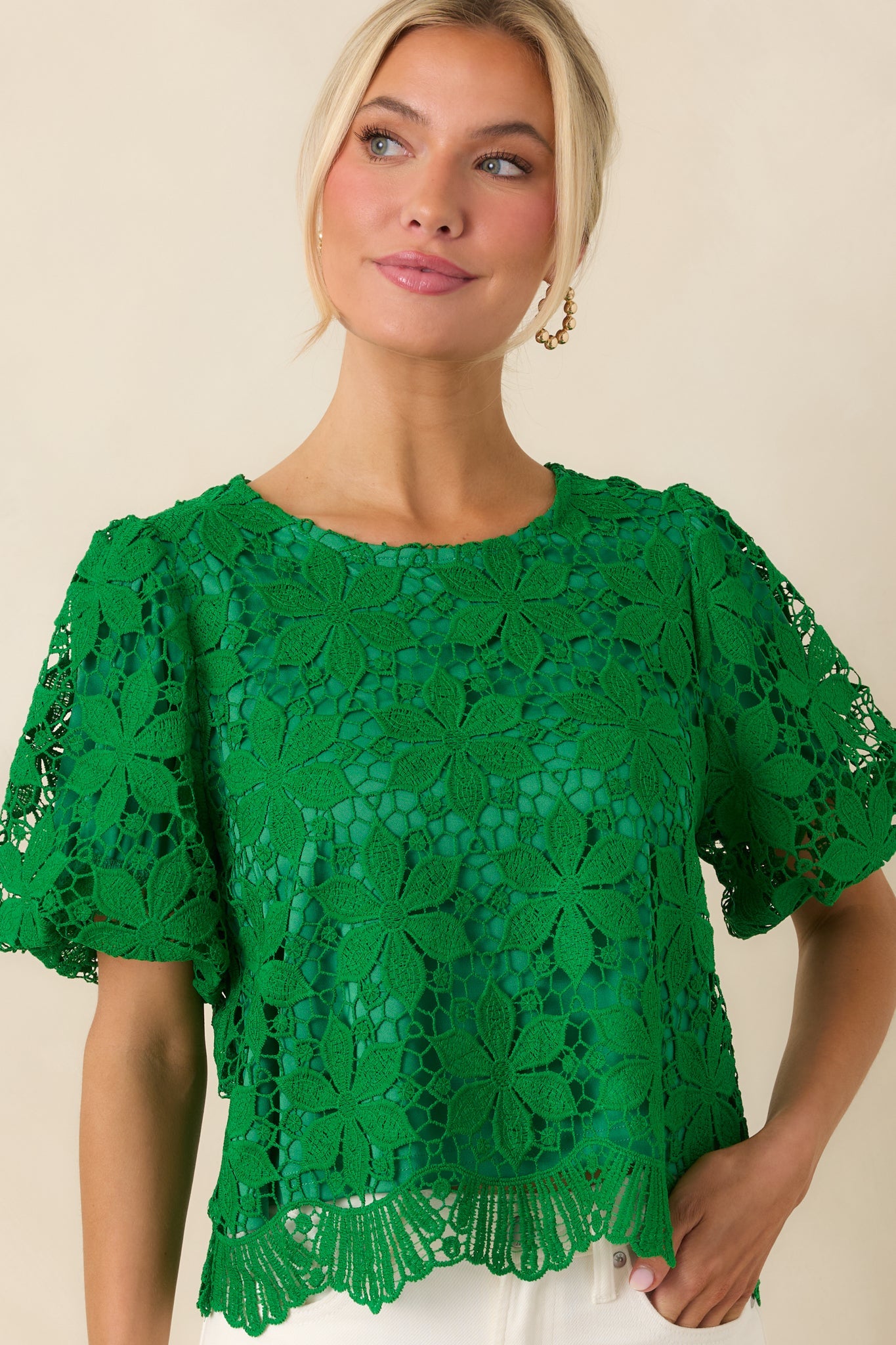 All the Attention Green Floral Lace Short Sleeve Top