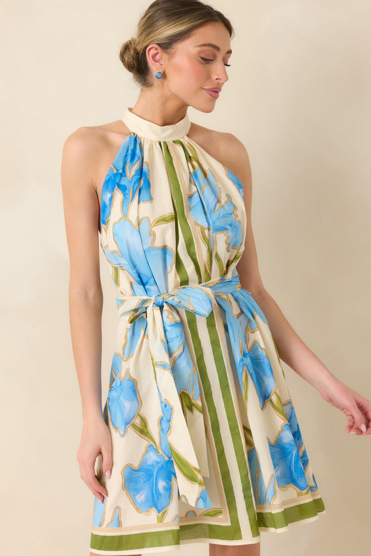 A Moment Like This Blue Multi Floral Cotton Halter Mini Dress