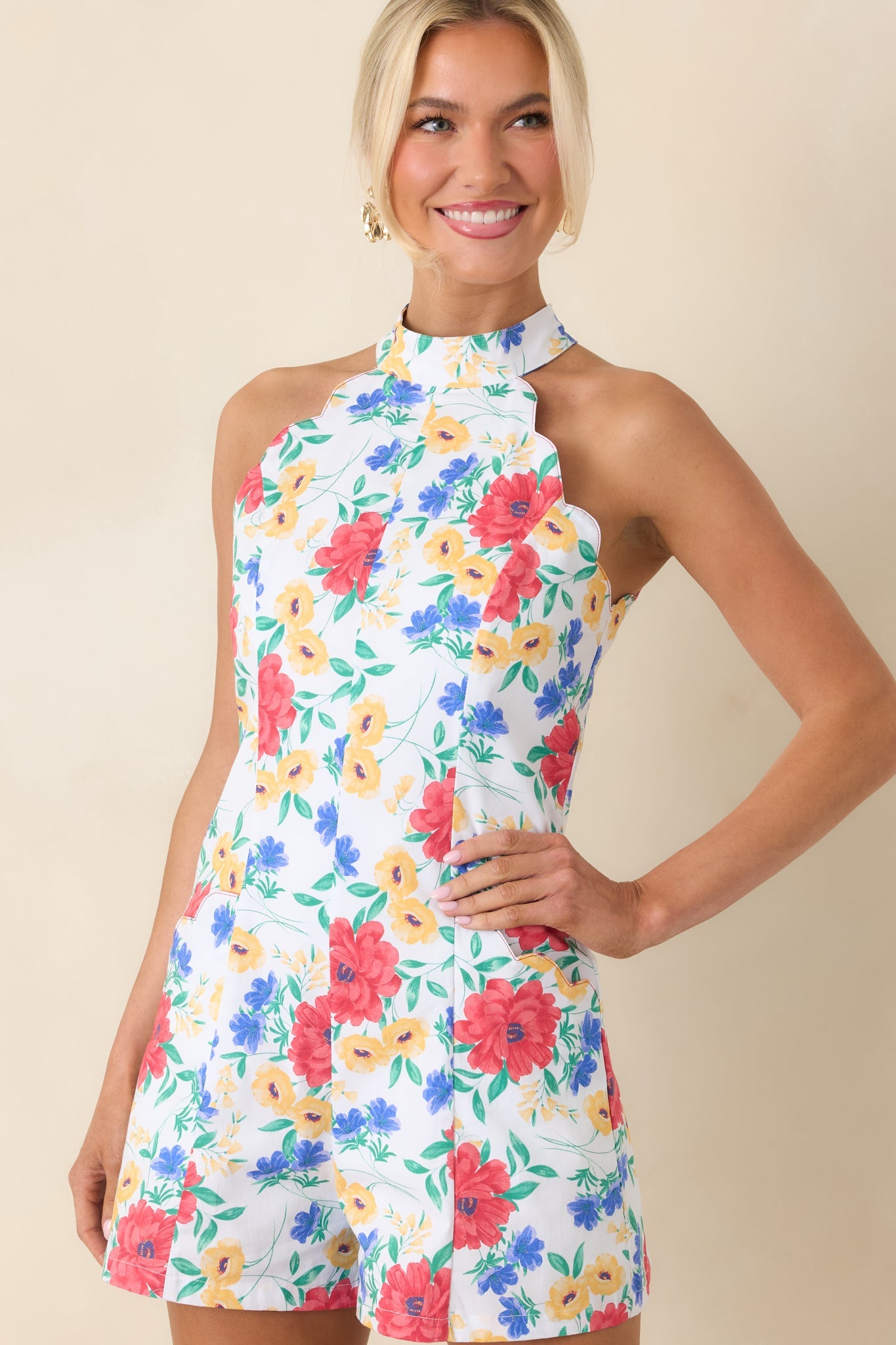 Just Too Cute Ivory Multi Floral Cotton Scallop Halter Romper