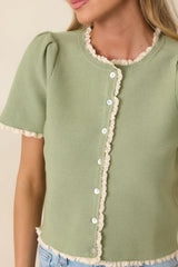 Like a Dream Light Green Knit Lace Trim Button Front Top