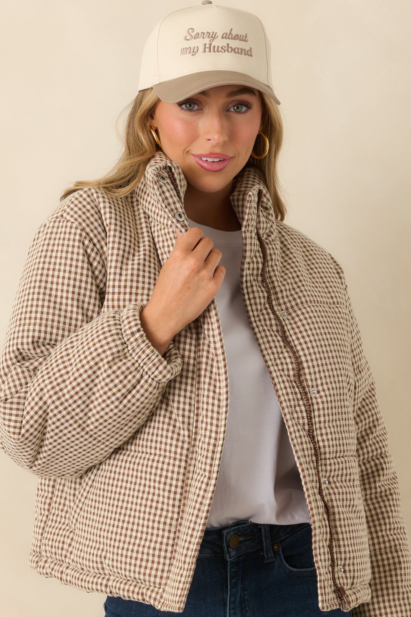 Warm Welcome Brown Gingham Puffer Coat