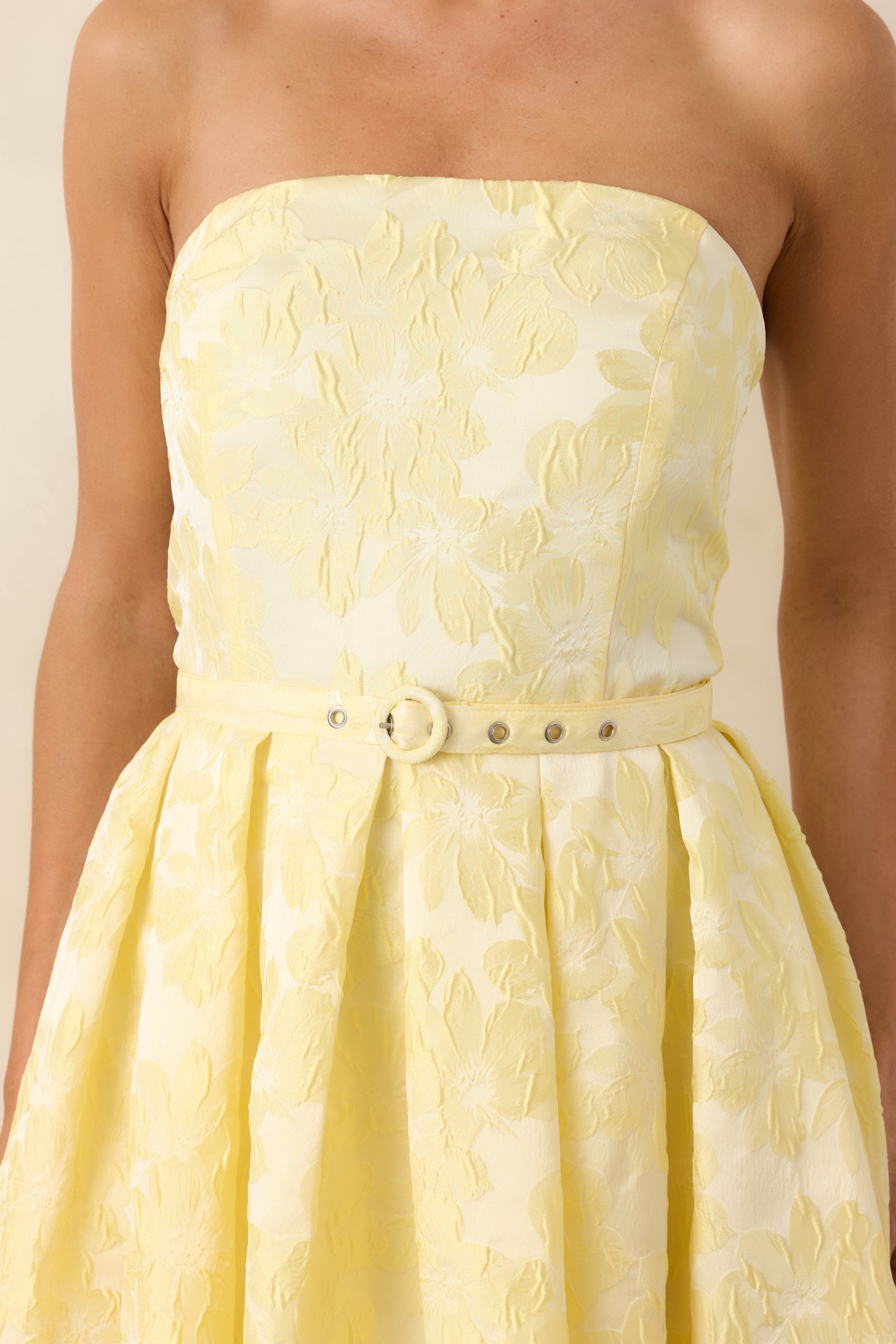 Radiating Joy Yellow Floral Jacquard Strapless Midi Dress