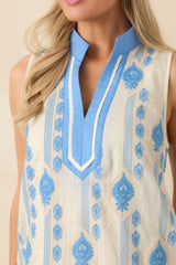 Seaside Dreaming Blue Embroidered Contrast Trim Mini Shift Dress