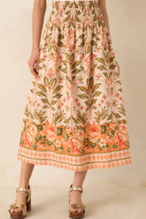 Bloom With Me Peach & Meadow Green Floral Cotton Midi Skirt