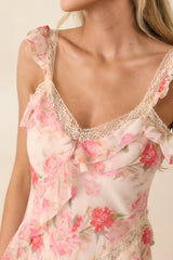 Yours Always Coral Pink Floral Lace & Ruffle Trim Midi Dress