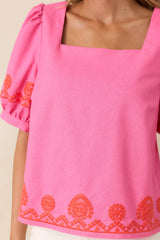 Cute With a Kick Pink & Poppy Red Contrast Embroidered Top