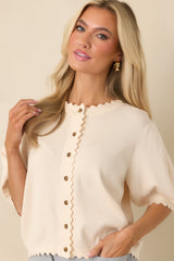 Simply So Cute Ivory Knit Scalloped Edge Puff Sleeve Button Up Cardigan