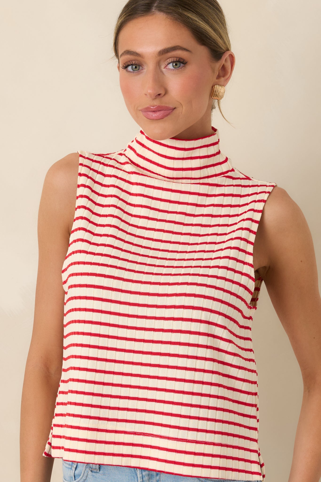 Keep It In Line Red Stripe Mockneck Sleeveless Top