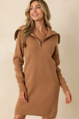 Ease Into It Camel Brown Knit Half-Zip Funnel Collar Longline Sweater Dress