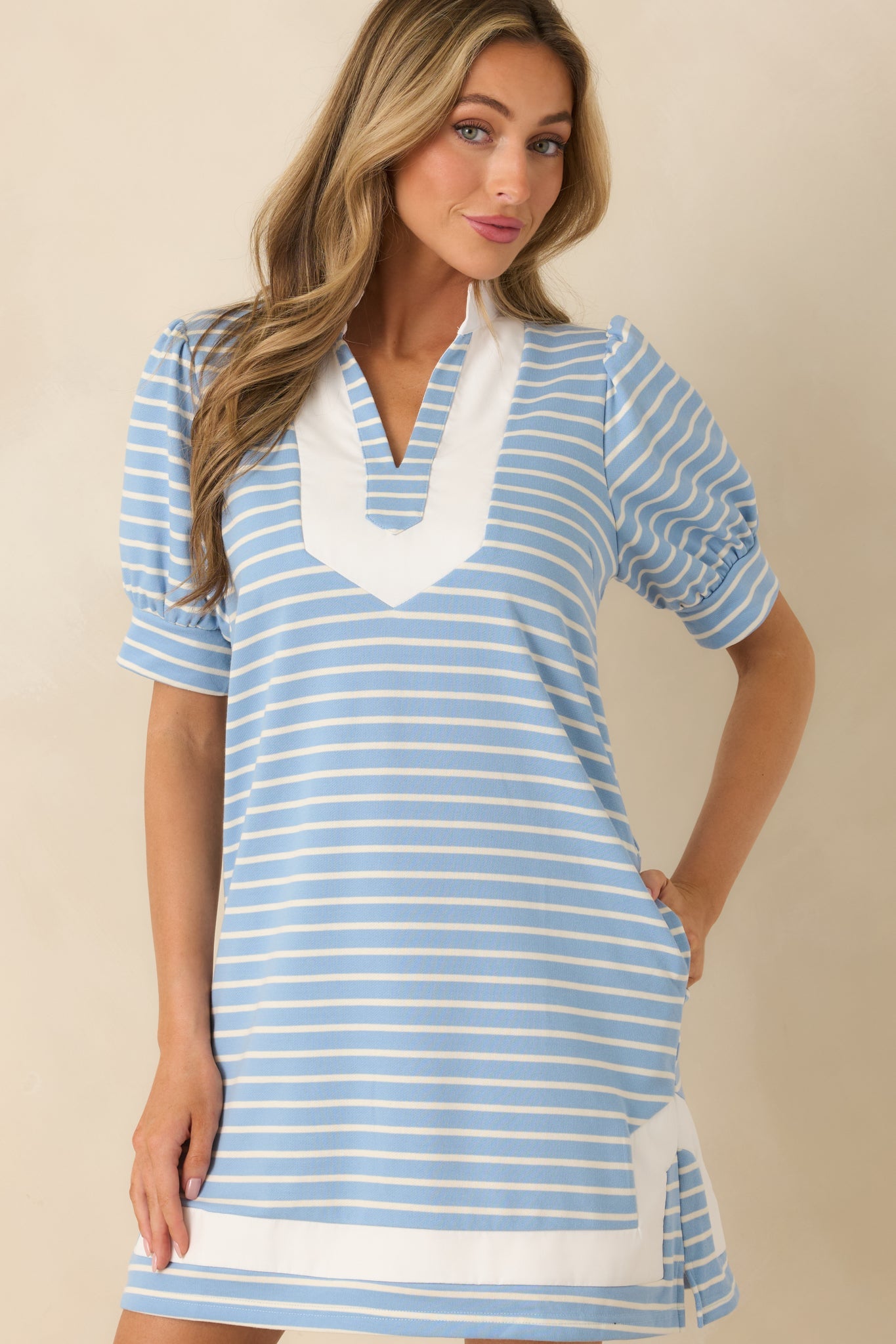 Easy Days Only Light Blue Stripe Puff Sleeve V-Neck Mini Dress