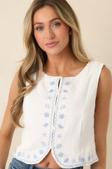 Just Beachy Ivory Cotton Embroidered Seashell Top
