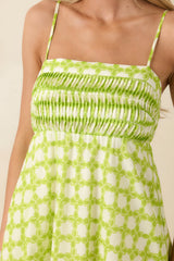 On the Bright Path Chartreuse Green Printed Cotton Midi Dress